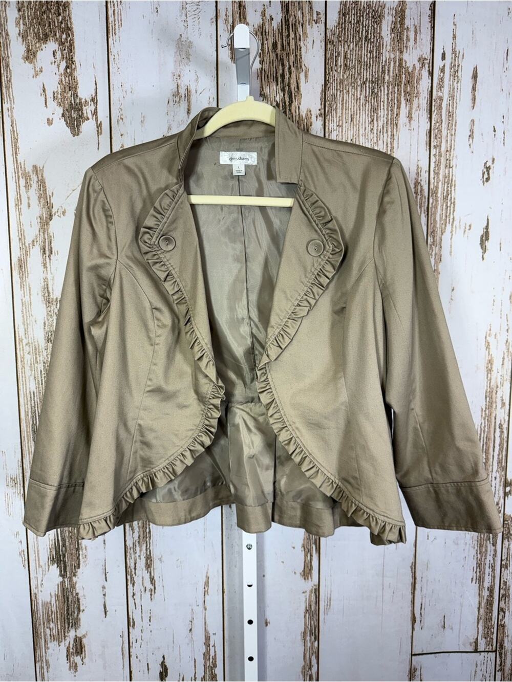 dressbarn Taupe Ruffle-Trim Open Front Blazer, Size Large. Excellent condition!